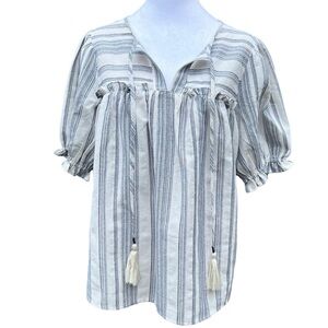 NWT ODDY Women's SZ Large Blue White Stripe Key Hole Tassel Top Short Sleeve